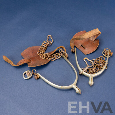 Pair of Vintage Pewter Cowboy Spurs with Leather Straps