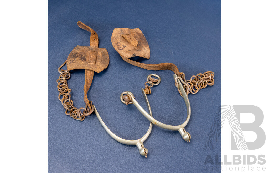 Pair of Vintage Pewter Cowboy Spurs with Leather Straps