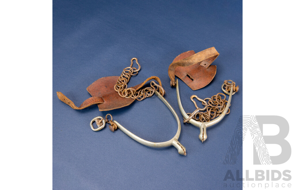 Pair of Vintage Pewter Cowboy Spurs with Leather Straps