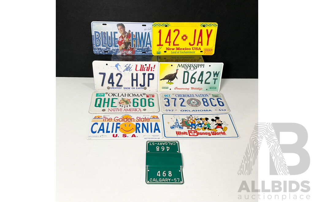 Collection of North American Number Plates Including 1957 Bicycle Plate, Mississippi, New Mexico, Oklahoma, Utah, California, Disney, Elvis