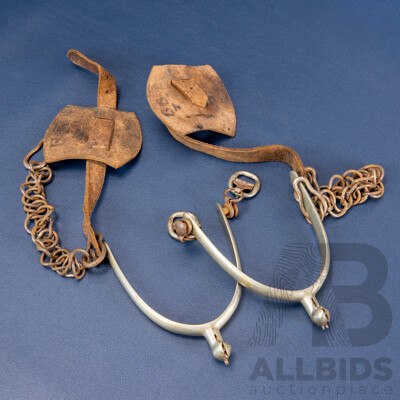 Pair of Vintage Pewter Cowboy Spurs with Leather Straps