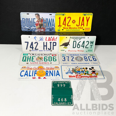 Collection of North American Number Plates Including 1957 Bicycle Plate, Mississippi, New Mexico, Oklahoma, Utah, California, Disney, Elvis