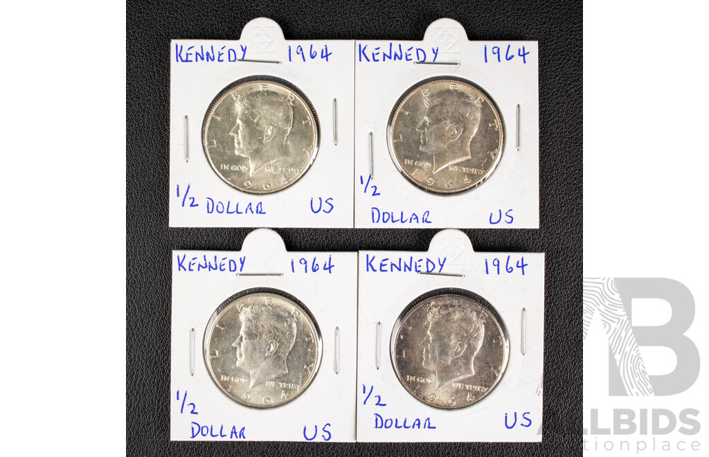 Four USA 1964 Kennedy Silver Half Dollars, Denver and Philadelphia Mint .900