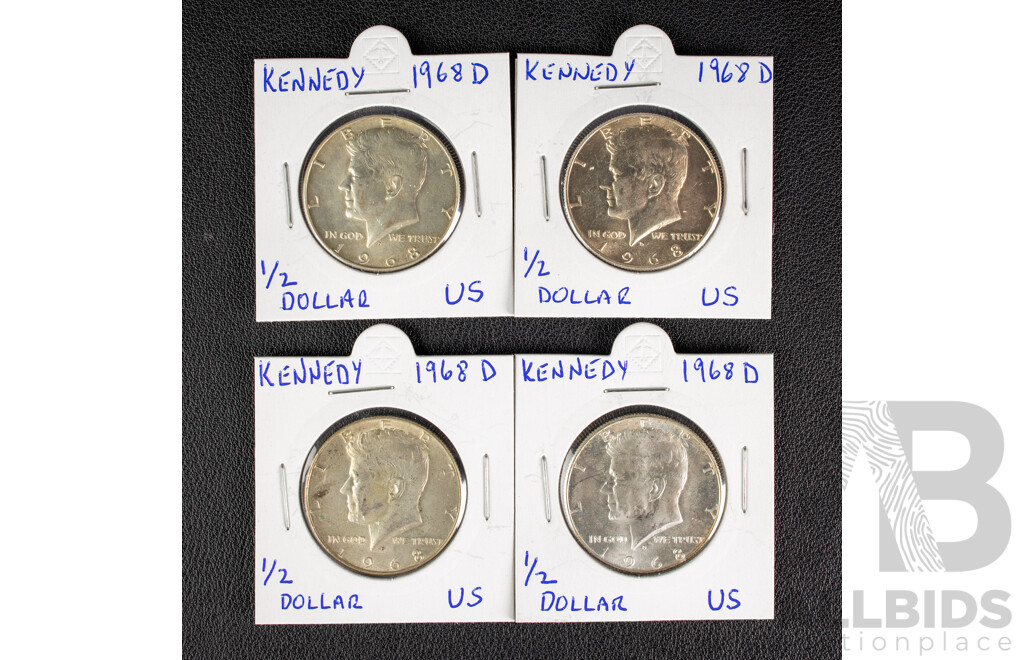 Four USA 1968 Kennedy Silver Half Dollars, Denver Mint .400
