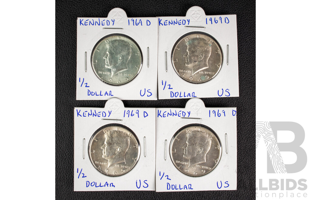 Four USA 1969 Kennedy Silver Half Dollars, Denver Mint .400