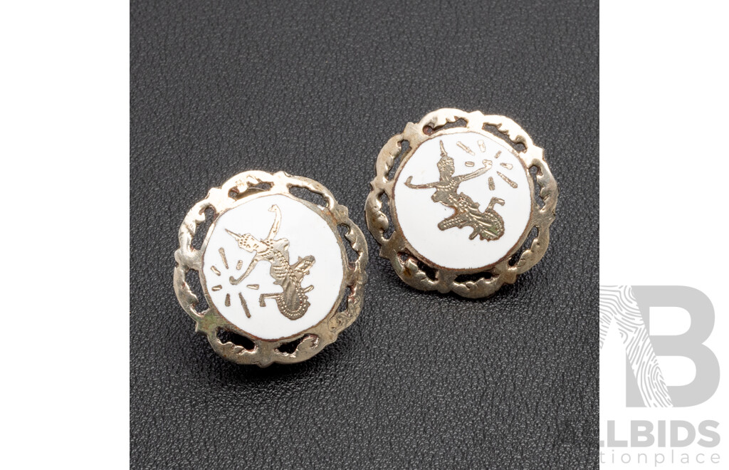 Vintage Sterling Silver And White Enamel Siam Pair Of Clip Earrings