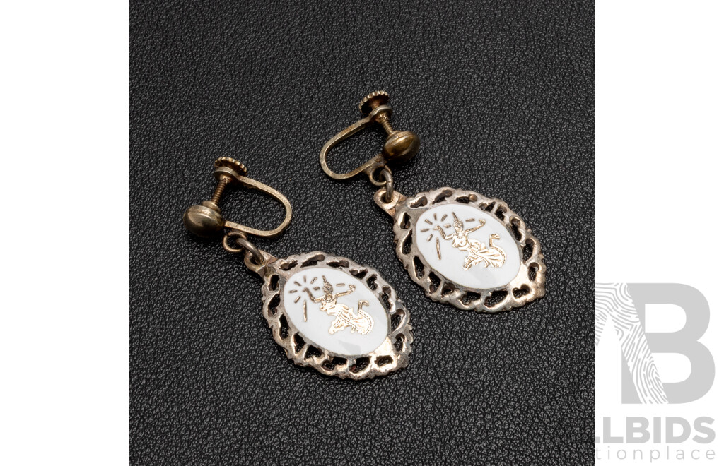 Vintage Sterling Silver And White Enamel Siam Pair Of Hanging Clip Earrings