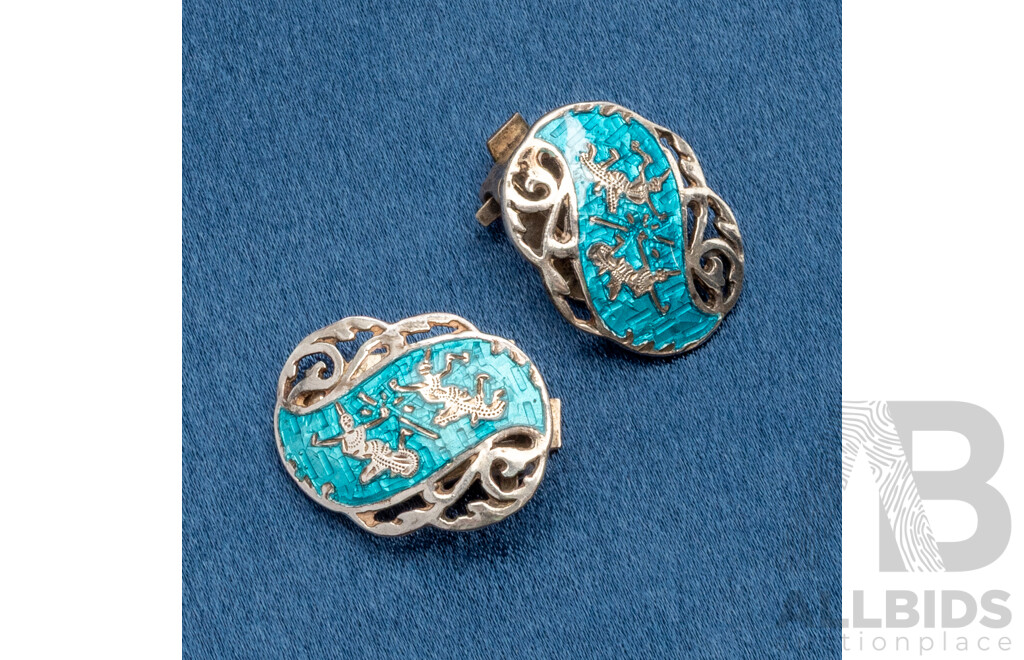Sterling Silver and Blue Enamel Siam Pair of Clip on Earrings