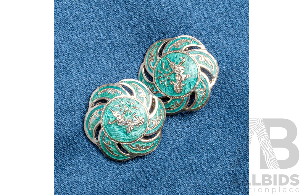 Sterling Silver and Green Enamel Siam Clip on Pair of Earrings