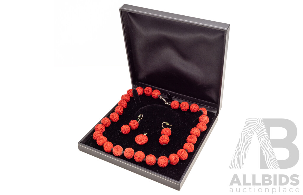 Cinnabar Bead Necklace with Matching Cinnabar Earring Pair and Pendant - Lot of 3