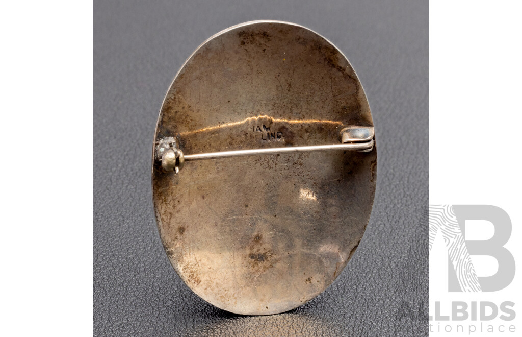 Vintage Sterling Silver And White Enamel Siam Oval Brooch