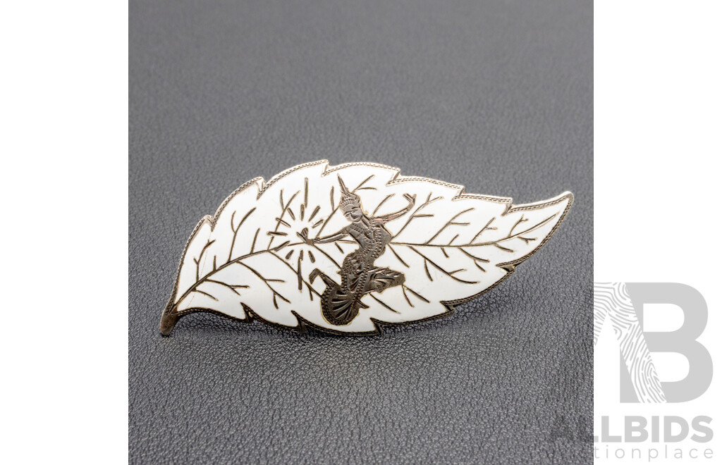 Vintage Sterling Silver And White Enamel Siam Leaf Brooch