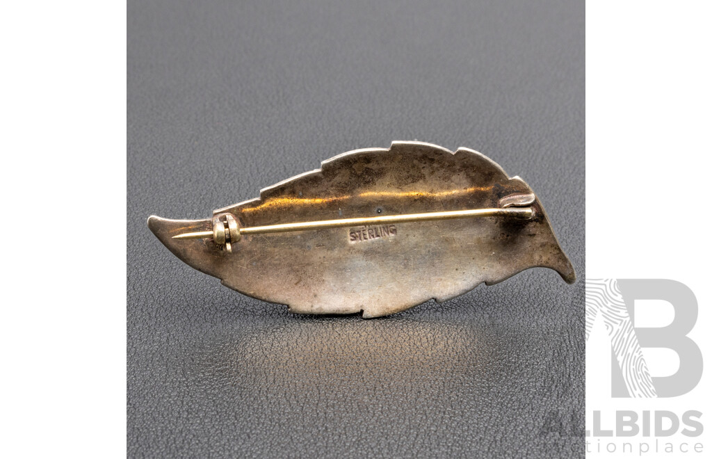 Vintage Sterling Silver And White Enamel Siam Leaf Brooch