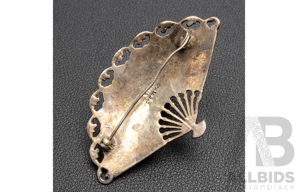 Vintage Sterling Silver And White Enamel Siam Fan Brooch