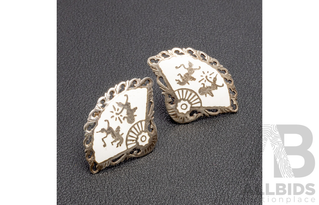 Vintage Sterling Silver And White Enamel Siam Pair Of Earrings