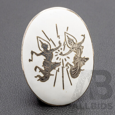 Vintage Sterling Silver And White Enamel Siam Oval Brooch