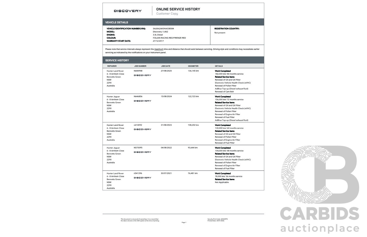 12/2017 Land Rover Discovery TD6 HSE (4WD) MY17 4d Wagon Firenze Red Metallic Turbo Diesel V6 3.0L