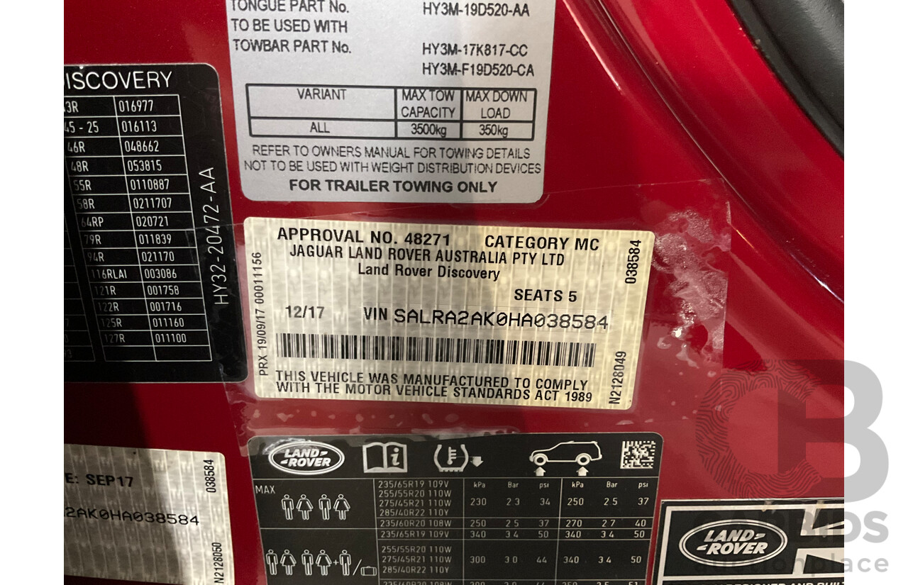 12/2017 Land Rover Discovery TD6 HSE (4WD) MY17 4d Wagon Firenze Red Metallic Turbo Diesel V6 3.0L