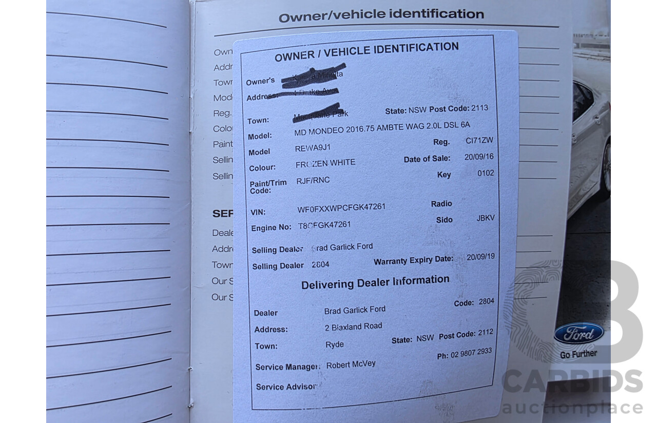 08/2016 Ford Mondeo Ambiente TDCi MD 4D Wagon Frozen White Turbo Diesel 2.0L