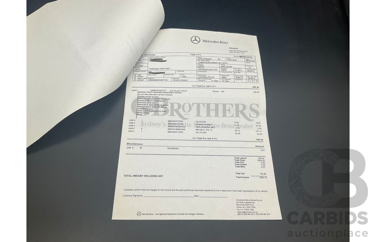 8/2012 Mercedes-Benz B200 CDI BE 246 MY13 5d Hatchback Polar Silver Metallic Turbo Diesel 1.8L