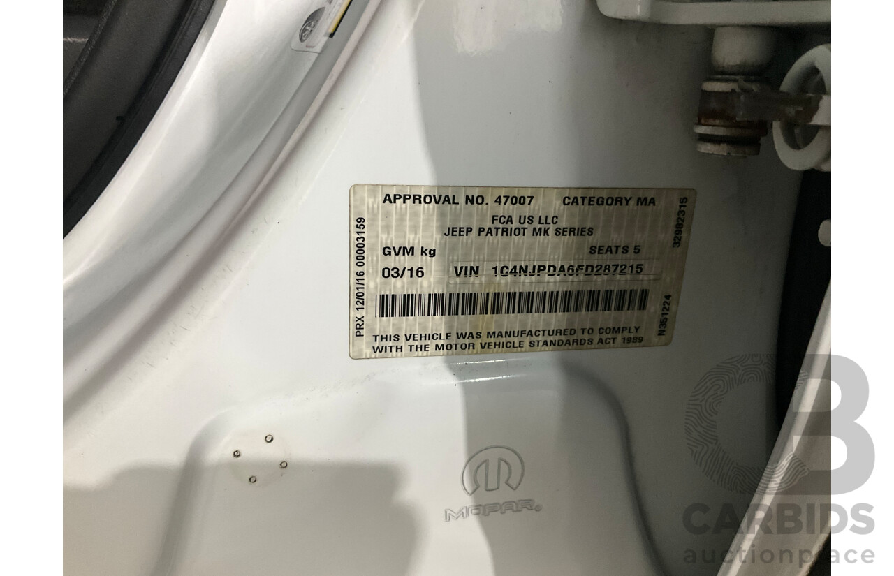 03/2016 Jeep Patriot SPORT (RWD) MK MY16 4D Wagon Bright White 2.0L