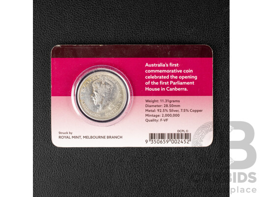 Australian 1927 Silver Florin, Canberra Carded, F/VF .925