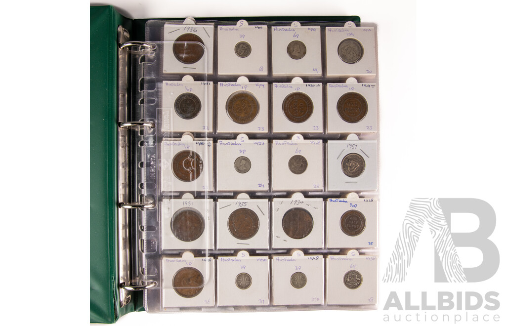 Album of Australian Collectable Coins Including Pedecimal Silver, 1920 Double Dot Penny, 1927 Commemorative, 1939 Florins, 1918M Sixpence, 1988 Five Dollar Coin and More!