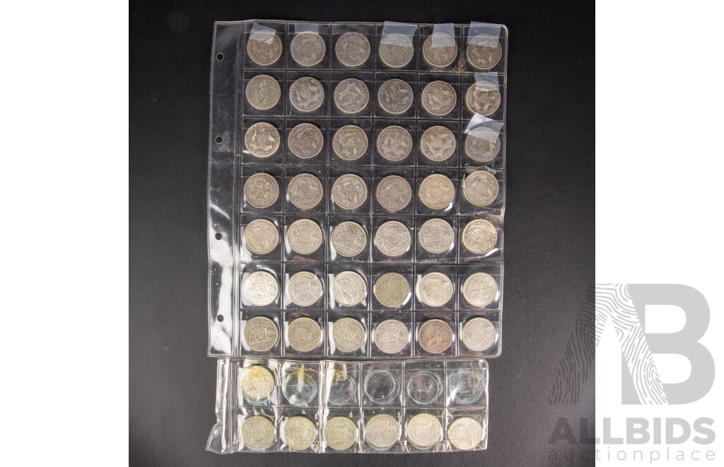 Australian 1910-1963 Near Complete Set of Silver Florins, 49 Coins, Lacking 1932 and 1934/35