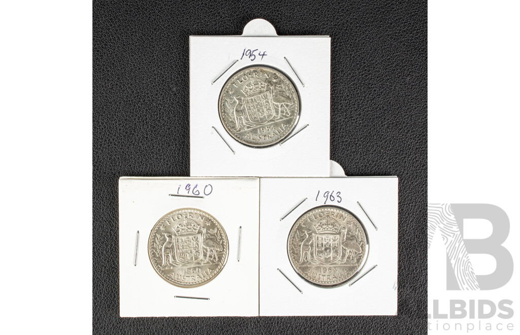Australian QE2 Silver Florins 1954, 1960, 1963 .500