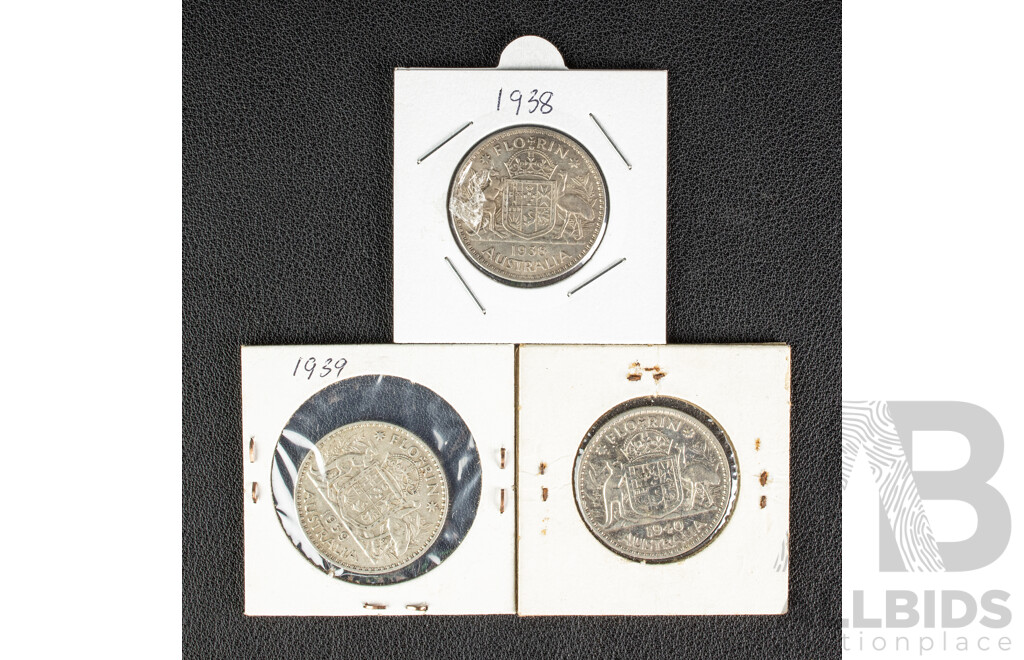 Three Australian KGV Silver Florins 1938, 1939, 1940 .925