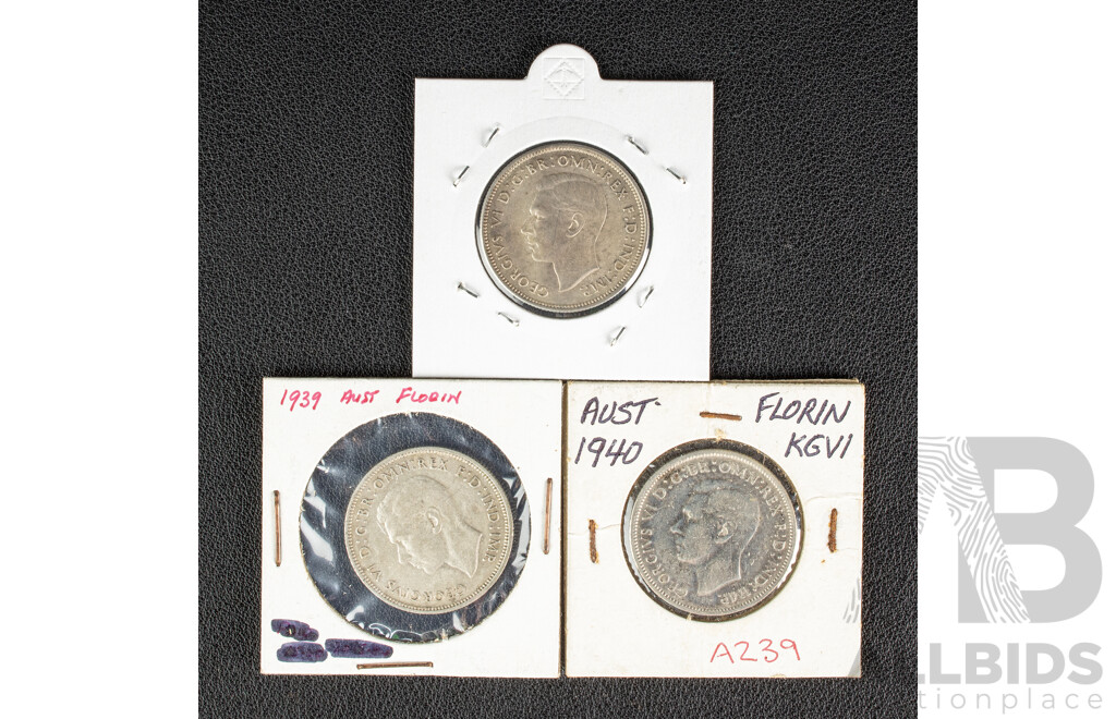 Three Australian KGV Silver Florins 1938, 1939, 1940 .925
