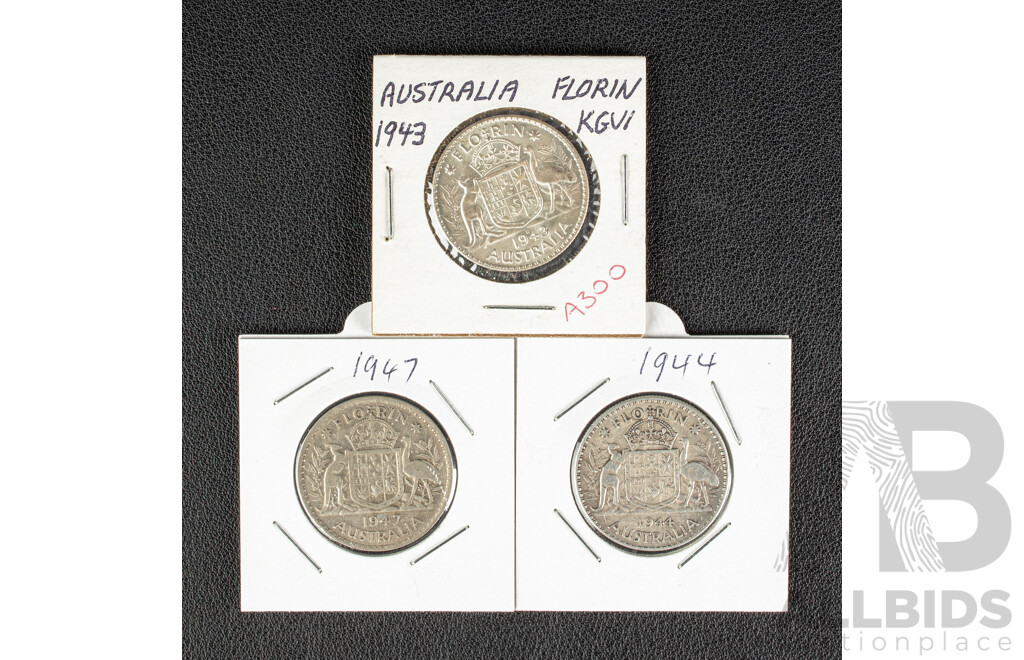 Three Australian KGV Silver Florins 1943, 1944, 1947