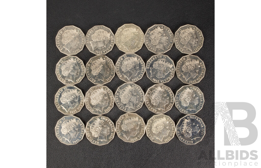 Twenty Australian 2001 UNC Fifty Cent Coins