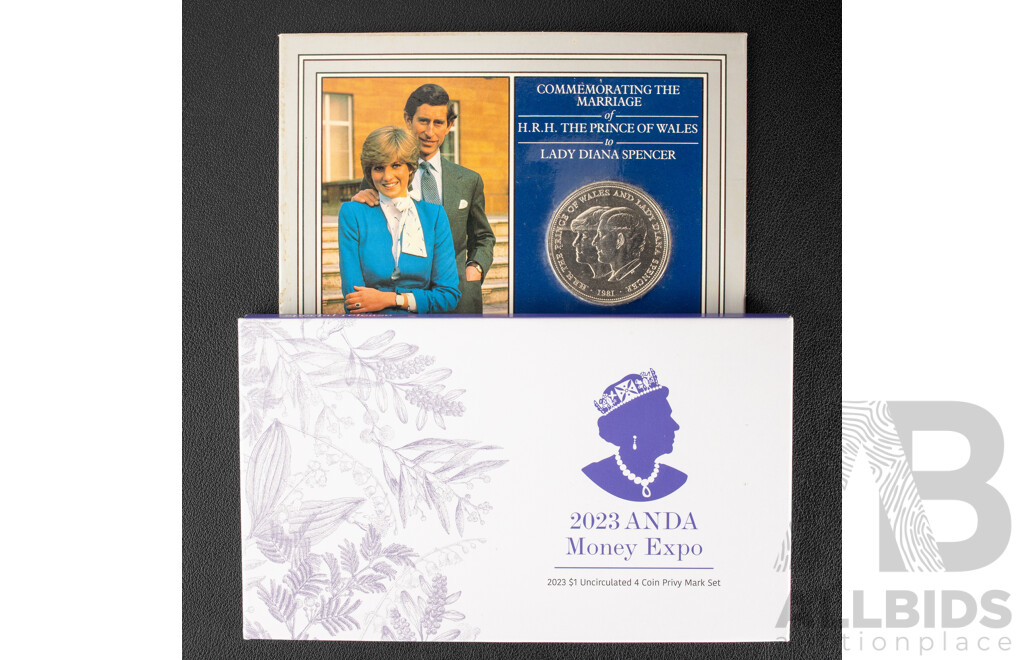 United Kingdom 1981 UK Charles and Diana Crown and Four RAM 2023 RAM One Dollar Mint Mark Coins