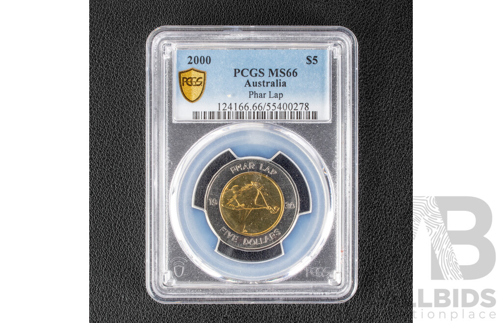 Australian 2000 Five Dollar Coin, Phar Lap, MS66 aGEM