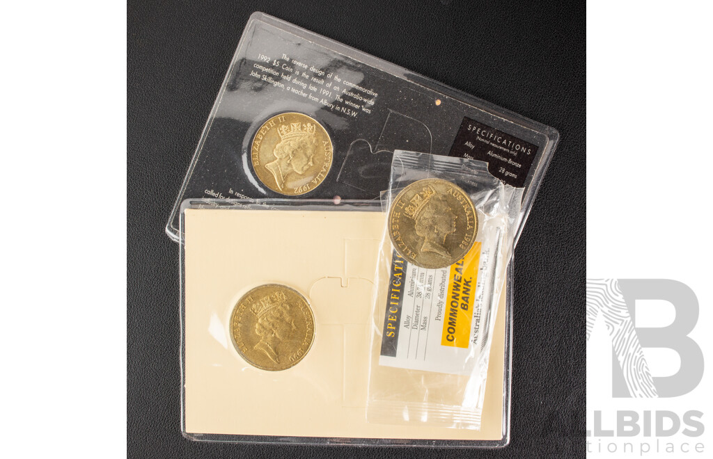 Three Australian RAM Commemorative Five Dollar Coins 1988, 1990, 1992
