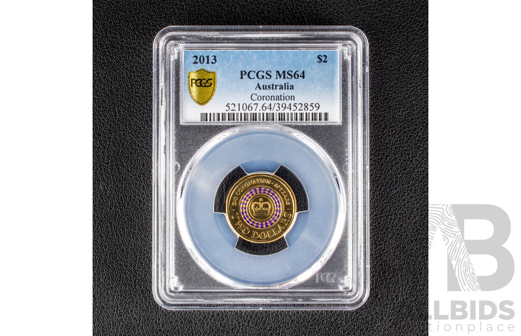 Australian 2013 Two Dollar Coin, Sixty Years Coronation, PCGS MS64 Choice Uncirculated.