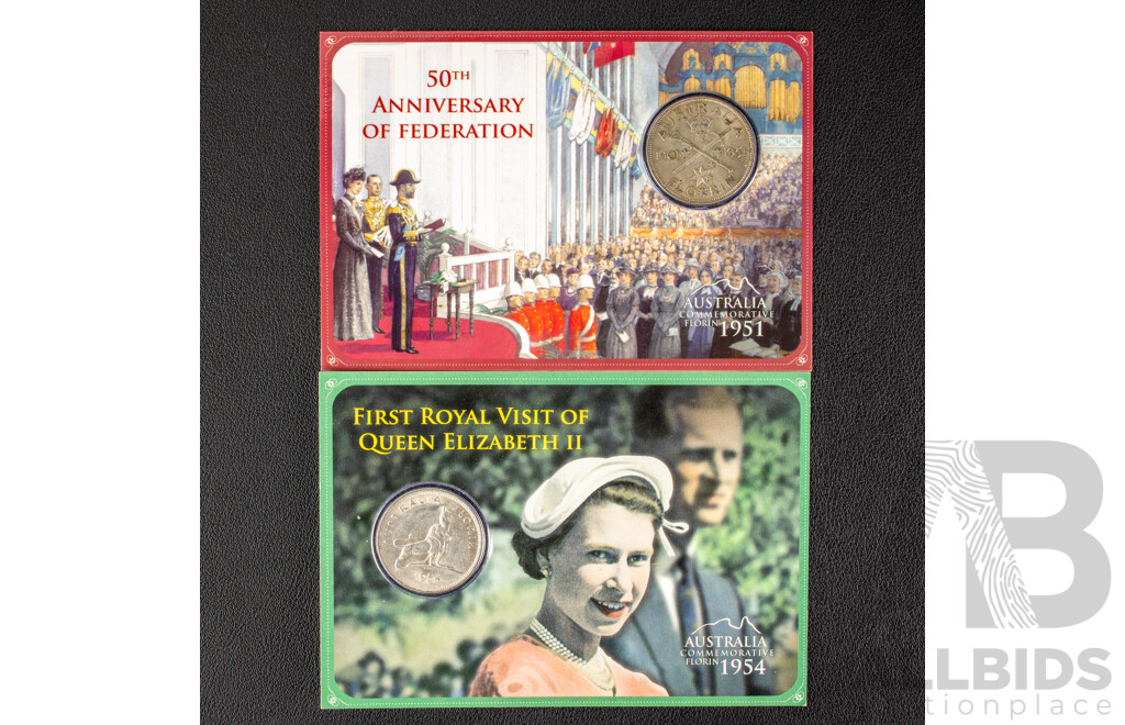 Australian UNC Silver Florins 1951 and 1954, Packaged by Downies