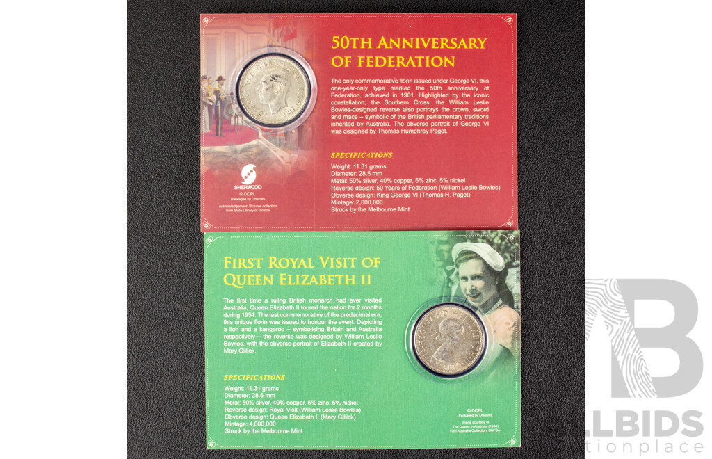 Australian UNC Silver Florins 1951 and 1954, Packaged by Downies