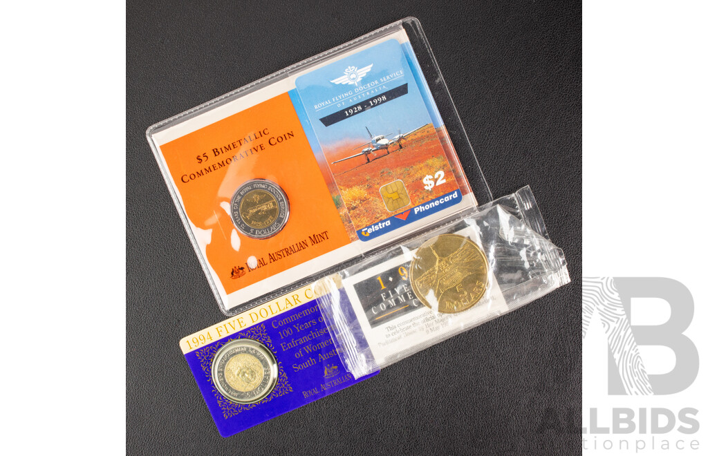 Three Australian RAM Five Dollar Coins 1988, 1994, 1998 