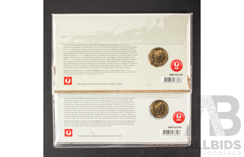 Australia 2019 England to Australia First Flight. Two One Dollar Coins and Stamps.