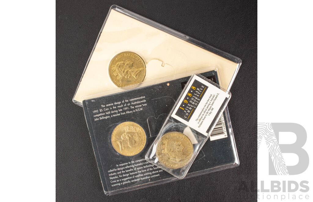 Three Australian RAM Five Dollar Coins, 1988, 1992, 2000 