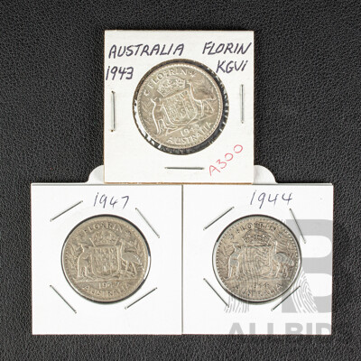 Three Australian KGV Silver Florins 1943, 1944, 1947 