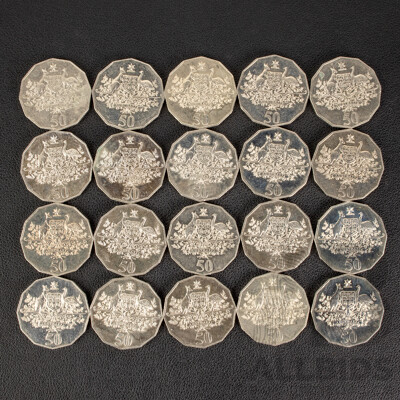 Twenty Australian 2001 UNC Fifty Cent Coins