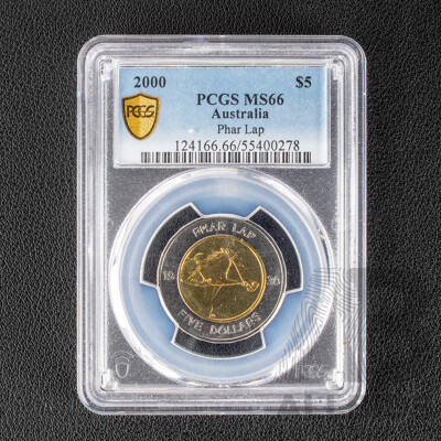 Australian 2000 Five Dollar Coin, Phar Lap, MS66 aGEM