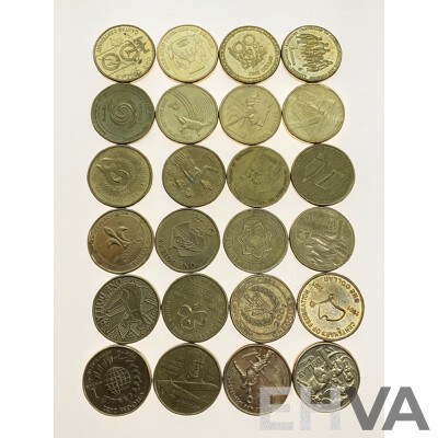 Twenty Three Australian Commemorative One Dollar Coins, No Doubles Including 2020 Qantas, 2001 Federation, 1993 Landcare, 1997 Kingsford Smith, 2010 Girl Guides, 2005 WW2 Peace, 2002 Outback, 1986 Year of Peace, 1988 Aboriginal Kangaroo..........