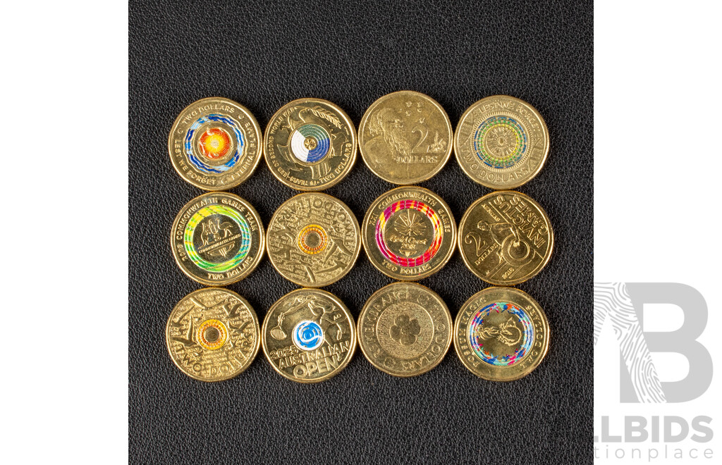 Twelve Australian Commemorative Two Dollar Coins Including 2016 50 Years Decimal Currency, 2025 Australia Open, 2016 INVICTUS, 2020 75 Years WW2, 2017 Possum Magic, 2015, 2018 Lest We Forget, 2012 Remembrance, 2018 Commonwealth Games, 2012