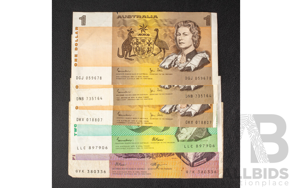 Five Australian Banknotes Including 1990 Five Dollars, Fraser/Higgins, 1985 Two Dollar Johnston/Fraser, Three 1982 One Dollars, Johnston/Stone Including First Prefix DGJ 059678