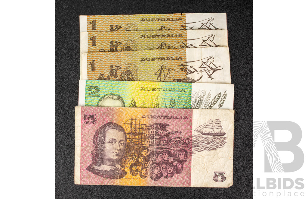Five Australian Banknotes Including 1990 Five Dollars, Fraser/Higgins, 1985 Two Dollar Johnston/Fraser, Three 1982 One Dollars, Johnston/Stone Including First Prefix DGJ 059678