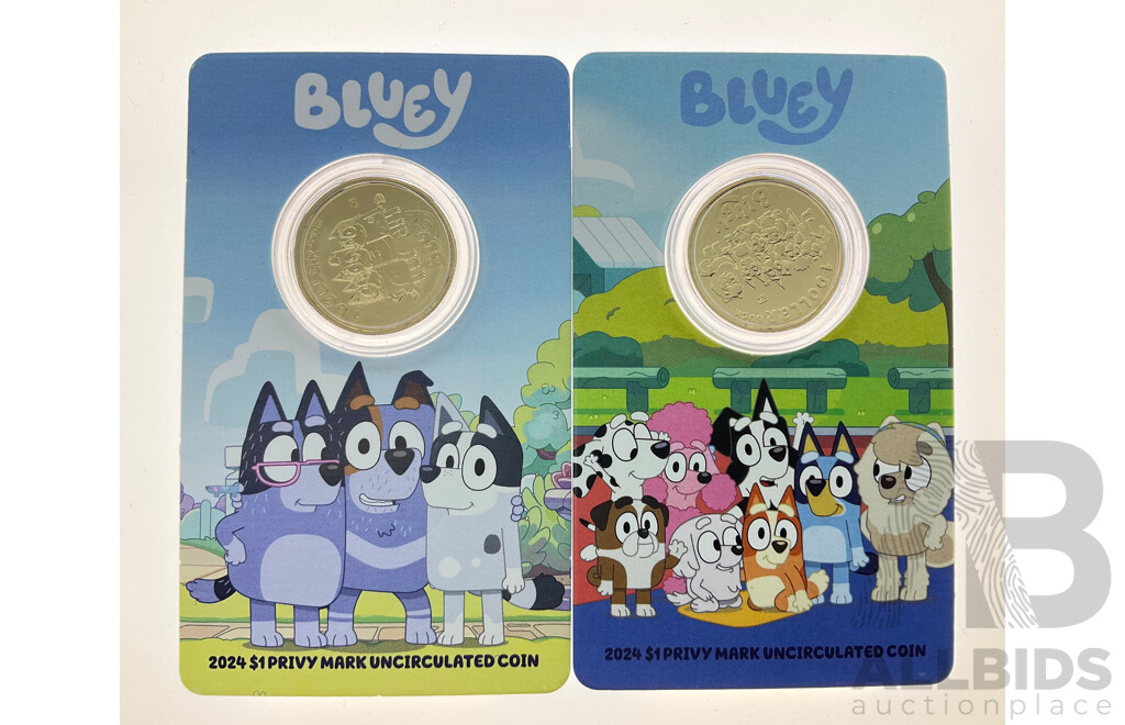 Two Australian RAM 2024 Commemorative One Dollar Coins, Bluey and Friends Dollar Bucks, Both Privy Marked